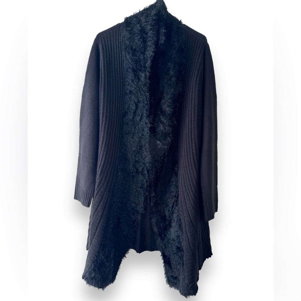 KATE & SAM Black Faux Fur Oversized Open Cardigan L Plus Open Sweater Top